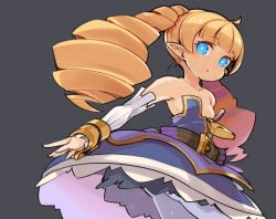 Rule 34 | 1girl, archer (disgaea), bare shoulders, belt, blonde hair, blue eyes, breasts, commentary, detached sleeves, disgaea, dress, drill hair, long hair, looking at viewer, makai senki disgaea 3, mota, open mouth, pantyhose, pointy ears, simple background, solo, twin drills, twintails