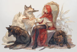Rule 34 | 1girl, 4others, black footwear, blonde hair, book, chair, commentary request, fighting stance, holding, holding book, hood, little red riding hood, little red riding hood (grimm), long hair, looking at another, mouth hold, multiple others, quill, ready to draw, rug, sitting, sleeping, white background, white wolf, wolf, yoshioka (haco)