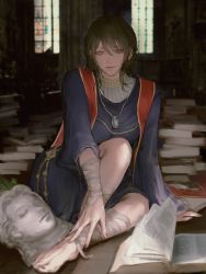 Rule 34 | 1girl, absurdres, bandaged arm, bandaged leg, bandages, barefoot, black hair, blue dress, blue eyes, blurry, blurry background, book, book stack, chinese commentary, commentary request, dress, elden ring, feet, full body, hachiji800, half-closed eyes, hand on own leg, hands on feet, unworn headwear, highres, indoors, jewelry, knee up, looking at viewer, on ground, open book, pendant, short hair, sitting, smile, solo, sorceress sellen