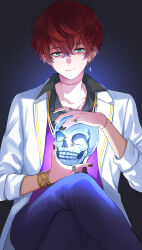 Rule 34 | 1boy, absurdres, bracelet, crossed legs, earrings, green eyes, highres, holding, holding skull, jacket, jewelry, kishinaito, long sleeves, looking at viewer, mahoutsukai no yakusoku, male focus, mithra (mahoutsukai no yakusoku), multiple rings, nail polish, red hair, ring, shaded face, short hair, single earring, sitting, skull, smile, solo, stitched neck, stitches