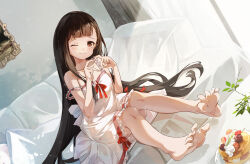 1girl absurdres bare_shoulders barefoot black_hair brown_eyes closed_mouth couch dress feet food foot_focus frilled_dress frills full_body heart heart_hands highres ice_laozei indoors long_hair looking_at_viewer make_heroine_ga_oo_sugiru! nukumizu_kaju on_couch one_eye_closed pancake see-through_clothes see-through_dress sitting sleeveless sleeveless_dress soles solo spread_toes straight_hair strap_slip sundress toes very_long_hair white_dress