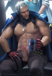 Rule 34 | 1boy, abs, absurdres, erection, facial hair, highres, male focus, muscular, overwatch, overwatch 1, penis, sakimichan, scar, silver hair, sitting, soldier: 76 (overwatch), solo, testicles, undressing