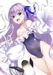 Rule 34 | 1girl, :d, animal, bare shoulders, bird, black choker, blue bow, blue eyes, blue one-piece swimsuit, blush, bow, breasts, choker, commentary request, dutch angle, fate/grand order, fate (series), gluteal fold, groin, hair between eyes, hair bow, highleg, highleg swimsuit, highres, long hair, long sleeves, mashiro aa, meltryllis, meltryllis (fate), meltryllis (swimsuit lancer) (fate), meltryllis (swimsuit lancer) (second ascension) (fate), one-piece swimsuit, open mouth, partial commentary, penguin, puffy long sleeves, puffy sleeves, purple hair, revision, simple background, sleeves past fingers, sleeves past wrists, small breasts, smile, solo, strapless, strapless one-piece swimsuit, swimsuit, thigh gap, very long hair, water drop, white background