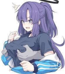 Rule 34 | 1boy, 1girl, ^^^, black halo, black shirt, blue archive, blue eyes, blue jacket, breasts, grabbing, grabbing another&#039;s breast, grabbing from behind, halo, jacket, large breasts, long hair, official alternate costume, open mouth, purple hair, shirt, shiseki hirame, simple background, solo focus, teeth, track suit, upper body, white background, yuuka (blue archive), yuuka (track) (blue archive)