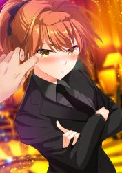 Rule 34 | 1girl, ahoge, black neckwear, black suit, blush, breasts, business suit, closed mouth, crossed arms, fate/grand order, fate (series), formal, fujimaru ritsuka (female), fujimaru ritsuka (female) (royal brand), hair between eyes, highres, long sleeves, looking at viewer, medium breasts, orange hair, out of frame, photoshop (medium), ponytail, short hair, solo focus, suit, tanabe, yellow eyes