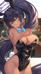 Rule 34 | 1girl, animal ears, arms behind back, bare shoulders, black hair, black leotard, blue archive, blue bow, blue bowtie, blurry, blurry background, bow, bowtie, breasts, cleavage, collar, commentary request, covered navel, cowboy shot, dark-skinned female, dark skin, detached collar, fake animal ears, fake tail, floating hair, greenapple, groin, hair intakes, halo, head tilt, high ponytail, highleg, highleg leotard, highres, karin (blue archive), karin (bunny) (blue archive), large breasts, leotard, letterboxed, long hair, official alternate costume, parted lips, playboy bunny, ponytail, rabbit ears, rabbit tail, shiny clothes, solo, strapless, strapless leotard, tail, thighs, very long hair, white collar, yellow eyes