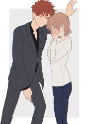 Rule 34 | 1boy, 1girl, absurdres, against wall, age difference, aged up, blush, breasts, brown hair, covering face, cowboy shot, crossed arms, dress, earrings, embarrassed, emiya shirou, fate/stay night, fate (series), formal, fujimura taiga, full-face blush, gakuran, grin, hetero, highres, invisible wall, jewelry, kabedon, looking at another, medium breasts, momoka (abc momoka0718), neck ribbon, open collar, orange hair, outside border, profile, ribbon, school uniform, shirt, short hair, simple background, smile, striped clothes, striped shirt, suit, sweatdrop, two-tone background