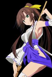 Rule 34 | 10s, 1girl, bare hips, breasts, detached sleeves, from side, green eyes, hair ribbon, hakama, high ponytail, holding, japanese clothes, kimono, kirasaka sayaka, medium breasts, purple hakama, ribbon, ribbon-trimmed sleeves, ribbon trim, sideboob, sleeveless, sleeveless kimono, solo, standing, strike the blood, thighhighs, transparent background, white background, yellow ribbon