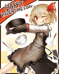 Rule 34 | 1girl, :q, ;q, apron, black dress, blonde hair, bowl, cake, candy, chocolate, chocolate bar, chocolate cake, dress, egg, english text, food, frills, hair ribbon, happy valentine, heart, highres, licking lips, long sleeves, looking at viewer, mittens, mixing bowl, one eye closed, oven mitts, red eyes, ribbon, rumia, shirt, short hair, smile, solo, spark621, spatula, tongue, tongue out, touhou, v-shaped eyebrows, valentine, whisk