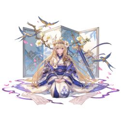 Rule 34 | 1girl, antenna hair, bird, blonde hair, blue eyes, branch, closed mouth, flower, granblue fantasy, hair flower, hair intakes, hair ornament, hairband, hands on lap, japanese clothes, jeanne d&#039;arc (granblue fantasy), kimono, long hair, long sleeves, looking at viewer, obi, official alternate costume, official art, own hands together, petals, purple ribbon, ribbon, sash, seiza, sitting, smile, solo, swallow (bird), sword, transparent background, weapon, white flower, white kimono