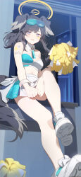 Rule 34 | 1girl, absurdres, animal ears, bare legs, bare shoulders, black hair, blue archive, blue eyes, blush, breasts, building, character name, cheerleader, city, cleavage, crop top, detached collar, dog ears, eucha, eyewear on head, full body, halo, hand up, hibiki (blue archive), hibiki (cheer squad) (blue archive), highres, holding, holding pom poms, indoors, long hair, looking at viewer, medium breasts, midriff, miniskirt, navel, night, night sky, parted lips, pleated skirt, pom pom (cheerleading), pom poms, ponytail, revision, shirt, shoes, skirt, sky, skyscraper, sleeveless, sleeveless shirt, small breasts, sneakers, solo, star (sky), star sticker, sticker on arm, sticker on face, sunglasses, tail, wristband