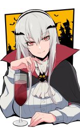 Rule 34 | 1girl, bat (animal), black cloak, bolt action, breasts, capelet, cloak, closed mouth, cosplay, cup, drinking glass, girls&#039; frontline, glass, gun, hairband, halloween, halloween costume, happy halloween, highres, kar98k (girls&#039; frontline), large breasts, long hair, looking at viewer, red eyes, red wine, shirt, simple background, smile, solo, vampire, vampire costume, weapon, white capelet, white hair, white shirt, wine glass, yu 416416