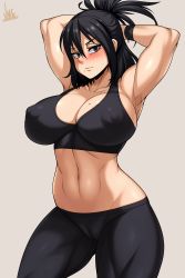 Rule 34 | 1girl, absurdres, alternate costume, armpits, arms behind head, artist name, black eyes, black hair, blush, boku no hero academia, breasts, cameltoe, cleavage, cleft of venus, collarbone, covered erect nipples, grey background, hair between eyes, highres, jmg, large breasts, long hair, looking at viewer, mature female, mole, mole on breast, mole under mouth, muscular, muscular female, pants, ponytail, shimura nana, simple background, skin tight, solo, sports bra, thick thighs, thighs, wide hips, yoga pants