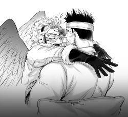 Rule 34 | 2boys, absurdres, bandages, boku no hero academia, couple, endeavor (boku no hero academia), facial hair, feathered wings, from side, gloves, greyscale, hawks (boku no hero academia), helen roro, highres, hug, male focus, mature male, monochrome, multiple boys, muscular, muscular male, scar, scar across eye, scar on face, short hair, sideburns, smile, spiked hair, stubble, upper body, wings, yaoi