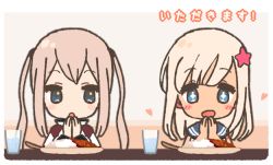Rule 34 | 2girls, :d, blonde hair, blue eyes, chibi, commentary request, cup, curry, flower, food, graf zeppelin (kancolle), hair flower, hair ornament, heart, kantai collection, long hair, multiple girls, open mouth, ro-500 (kancolle), sailor collar, school uniform, serafuku, smile, swimsuit, tan, translation request, twintails, uniform, upper body, yoru nai