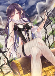 Rule 34 | 1girl, aoi ari, barbed wire, black hair, bra, breasts, fishnet pantyhose, fishnets, gold, highres, lace, lace-trimmed bra, lace trim, crossed legs, long hair, looking at viewer, medium breasts, multicolored hair, original, pantyhose, purple hair, red eyes, scarf, sitting, sky, smile, solo, sparkle, thigh strap, treasure chest, two-tone hair, underwear, wavy hair