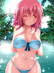 Rule 34 | 1girl, bandeau, bare shoulders, bikini, blue bikini, breasts, cleavage, covered erect nipples, curvy, front-tie top, kozue akari, large breasts, navel, no headwear, one eye closed, pink hair, red eyes, saigyouji yuyuko, shiny skin, short hair, skindentation, solo, swimsuit, thick thighs, thighs, touhou, underboob, water, wet, wide hips, wince