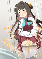 Rule 34 | 1girl, blue neckwear, blush, brown hair, clenched teeth, closed eyes, clothes lift, dress, dress lift, embarrassed, female focus, grey pantyhose, hair bun, hair ornament, hair ribbon, indoors, jacket, japanese text, kantai collection, legs together, lifting own clothes, long hair, long sleeves, minamimachi naname, multicolored hair, naganami (kancolle), panties, panty pull, pantyhose, parted lips, peeing, peeing self, pink hair, red dress, ribbon, single hair bun, solo, stained panties, standing, tears, teeth, toilet, toilet stall, translation request, two-tone hair, underwear, wet, wet clothes, white jacket, white panties, yellow ribbon