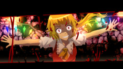 Rule 34 | 1girl, anime coloring, ascot, blonde hair, blood, collar, crazy grin, crazy smile, flandre scarlet, frilled collar, frilled shirt collar, frills, head tilt, light trail, looking at viewer, nail polish, narrowed eyes, outstretched arms, pov, red eyes, red nails, red vest, shirt, short hair, side ponytail, smile, solo, stone wall, teeth, tomon (slash0410), torch, touhou, upper body, vest, wall, white shirt, wings, yandere