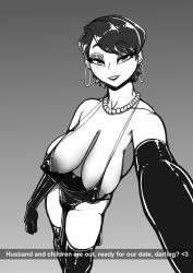 1girl absurdres breasts cheating_(relationship) cleavage covered_erect_nipples dress english_text flirting gloves highres komi-san_wa_komyushou_desu komi_shuuko large_breasts legs lipstick looking_at_viewer makeup mature_female monochrome netorare pelvic_curtain pubic_hair seductive_smile see-through short_hair smile solo thighs