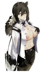 Rule 34 | 1girl, absurdres, animal ears, arknights, bag, black gloves, black shorts, breasts, brown hair, cleavage, closed mouth, collared shirt, commentary, cowboy shot, cross tie, dagger, ear piercing, expressionless, freckles, gloves, hair between eyes, highres, knife, kyousuzu, large breasts, long hair, looking at viewer, multicolored hair, navel, nipple slip, nipples, no bra, open clothes, open shirt, pantyhose, piercing, polka dot, polka dot shirt, ponytail, raccoon ears, raccoon girl, ringed eyes, robin (arknights), see-through, shirt, shorts, shoulder bag, simple background, solo, stomach, streaked hair, two-tone hair, unbuttoned, weapon, white background, white hair, white shirt, wing collar, yellow eyes