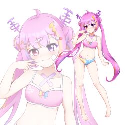 Rule 34 | 1girl, ahoge, asymmetrical legwear, bandaid, bandaid on face, barefoot, belly, blush, blush stickers, commission, feet, hair ornament, hairclip, heterochromia, highres, idol corp, knees, multicolored hair, nail polish, navel, panties, pink eyes, pink hair, purple eyes, ribbon, riro ron, simple background, star (symbol), thighs, toes, twintails, underwear, underwear only, virtual youtuber, white background, wings