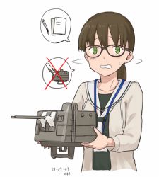 Rule 34 | 1girl, beige cardigan, black-framed eyewear, blush, breasts, brown hair, c2-chan, c2 kikan, cannon, cardigan, collarbone, dated, frown, glasses, green eyes, grey shirt, holding, holding weapon, kawashina (momen silicon), long hair, looking at viewer, low ponytail, neckerchief, parted lips, sailor collar, shaking head, shirt, signature, simple background, small breasts, spoken o, sweatdrop, turret, upper body, weapon, white background, white neckerchief