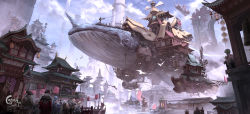 Rule 34 | absurdres, aether (genshin impact), architecture, bird wings, blue sky, castle, chigalidepoi, cityscape, cloud, crowd, day, east asian architecture, fantasy, floating, floating castle, ganyu (genshin impact), genshin impact, highres, lumine (genshin impact), multiple boys, multiple girls, outdoors, qiqi (genshin impact), scenery, sky, wings, zhongli (genshin impact)