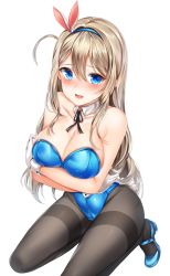 Rule 34 | 1girl, absurdres, bad id, bad twitter id, black pantyhose, blonde hair, blue eyes, blue footwear, blush, breasts, cleavage, collarbone, crying, crying with eyes open, detached collar, girls&#039; frontline, hair between eyes, hair ornament, hairband, highres, kneeling, leotard, long hair, looking at viewer, medium breasts, open mouth, pantyhose, playboy bunny, rabbit tail, self hug, shoes, sidelocks, simple background, snowflake hair ornament, solo, suomi (girls&#039; frontline), tail, tears, thighband pantyhose, white background, wrist cuffs, zerocat