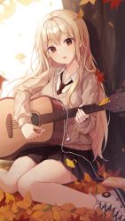 Rule 34 | 1girl, absurdres, autumn, autumn leaves, black skirt, blonde hair, brown eyes, chromatic aberration, collared shirt, earphones removed, eunyoo, ginkgo leaf, guitar, hair between eyes, head tilt, highres, instrument, knees together feet apart, leaf, long hair, long sleeves, maple leaf, mole, mole under eye, music, necktie, open mouth, original, playing instrument, pleated skirt, school uniform, shirt, shoes, simple background, sitting, skirt, solo, tree, uniform, white background, white shirt