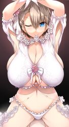 Rule 34 | 1girl, absurdres, arms up, blue eyes, breasts, cleavage, closed mouth, curvy, floral print, flower, frilled panties, frills, grey hair, groin, hair flower, hair ornament, highres, huge breasts, kneeling, looking at viewer, navel, one eye closed, panties, pixie cut, shiny skin, short hair, skindentation, smile, solo, thick thighs, thighs, tsukasawa takamatsu, underwear, uzaki-chan wa asobitai!, uzaki hana, wide hips