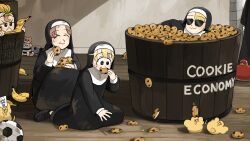 Rule 34 | 5girls, :&lt;, :3, ball, banana, barrel, bird, black footwear, blonde hair, blue eyes, brown hair, cat, chicken, chocolate chip cookie, closed eyes, clumsy nun (diva), commentary, cookie, diva (hyxpk), duck, duckling, eating, english commentary, food, froggy nun (diva), fruit, habit, highres, hungry nun (diva), little nuns (diva), mouse, multiple girls, nun, smile, soccer ball, spicy nun (diva), star nun (diva), star ornament, sunglasses, too much food, traditional nun