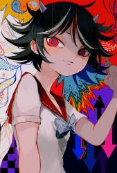 Rule 34 | 1girl, abstract background, black hair, blue pupils, bow, bowtie, comkdom, commentary, grey horns, hand up, highres, horns, kijin seija, multicolored eyes, multicolored hair, raised eyebrows, red eyes, red hair, shirt, short hair, short sleeves, smile, solo, touhou, white hair, white shirt
