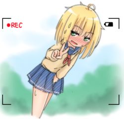 Rule 34 | 1girl, ahoge, battery indicator, beige sweater, between legs, bibi (bibi47881139), blonde hair, blue sailor collar, blue skirt, blue sky, blush, bush, cropped legs, day, dutch angle, embarrassed, female focus, green eyes, half-closed eyes, hand between legs, hand up, have to pee, long sleeves, looking at viewer, neckerchief, open mouth, original, outdoors, pleated skirt, recording, red neckerchief, sailor collar, school uniform, serafuku, short hair, skirt, sky, smile, solo, standing, sweat, sweater, text focus, v, viewfinder