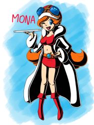 Rule 34 | blue eyes, boots, coat, earrings, hand on own hip, helmet, jewelry, long hair, midriff, mona (warioware), nail polish, nintendo, one eye closed, open mouth, orange hair, pizza box, red footwear, red nails, rjgamesandcrafts, skirt, smile, warioware, white coat