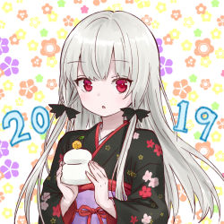 Rule 34 | 10s, 1girl, 2019, :o, ama-tou, black kimono, commentary request, fingernails, floral print, food, grey hair, hair ornament, holding, holding food, japanese clothes, kagami mochi, kimono, long hair, long sleeves, looking at viewer, obi, parted lips, print kimono, red eyes, sash, solo, sophie twilight, tonari no kyuuketsuki-san, upper body, very long hair, white background, wide sleeves