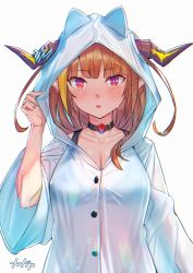 Rule 34 | 1girl, absurdres, alternate costume, arpeggio kaga, black bra, blonde hair, blue raincoat, blunt bangs, blush, bow, bra, breasts, bright pupils, buttons, cleavage, collar, collarbone, commentary request, diagonal-striped bow, dragon girl, dragon horns, fang, hand up, highres, hololive, hood, hood up, horn bow, horn ornament, horns, kiryu coco, large breasts, long hair, looking at viewer, multicolored eyes, multicolored hair, orange hair, parted lips, pointy ears, purple eyes, raincoat, red eyes, see-through, sidelocks, signature, simple background, skin fang, solo, streaked hair, striped, striped bow, underwear, upper body, virtual youtuber, white background, white pupils, wide sleeves