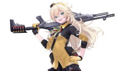 Rule 34 | 1girl, :d, absurdres, ammunition, blonde hair, fabarm sat-8, fang, girls&#039; frontline, gloves, green eyes, gun, hair between eyes, hairband, hand on own hip, highres, long hair, looking at viewer, messy hair, open mouth, s.a.t.8 (girls&#039; frontline), semi-automatic firearm, semi-automatic shotgun, shotgun, shotgun shell, shotgun speedloader, smile, solo, tepqei, weapon, white background