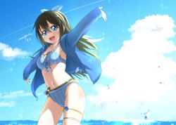 Rule 34 | 1girl, :d, absurdres, amamiya draw, arm up, artist name, bikini, blue bikini, blue eyes, blue jacket, blue ribbon, breasts, brown hair, commentary, contrail, day, eyebrows hidden by hair, hair ribbon, highres, jacket, long hair, looking at viewer, love live!, love live! nijigasaki high school idol club, medium breasts, navel, ocean, open clothes, open jacket, open mouth, osaka shizuku, outstretched arms, pinstripe pattern, ribbon, sidelighting, signature, sky, smile, solo, spread arms, striped bikini, striped clothes, swimsuit, teeth, thigh beads, thigh strap, tongue, upper teeth only, vertical-striped bikini, vertical-striped clothes