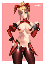 Rule 34 | 1girl, absurdres, alternate breast size, animal ears, bare shoulders, blonde hair, breasts, collar, covered erect nipples, detached sleeves, fate/grand order, fate (series), green eyes, grin, hand on own hip, highres, kurozawa yui, large breasts, meme attire, mordred (fate), nail polish, navel, open clothes, pants, pasties, puffy sleeves, rabbit ears, red legwear, red pants, revealing clothes, reverse bunnysuit, reverse outfit, skin tight, smile, solo, thighs