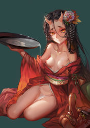 Rule 34 | 1girl, alcohol, black hair, blush, breasts, cup, flower, hair flower, hair ornament, horns, japanese clothes, nipples, open clothes, original, pale skin, pouring, saber 01, sakazuki, sake, simple background, sitting, small breasts, smile, solo, wakamezake