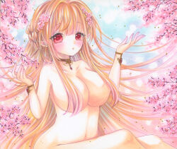 Rule 34 | 1girl, :o, absurdres, blush, breasts, cherry blossoms, choker, cleavage, collarbone, completely nude, convenient censoring, flower, hair censor, hair flower, hair ornament, hair over breasts, highres, large breasts, long hair, looking at viewer, marker (medium), nude, orange hair, original, outdoors, pointy ears, red eyes, sitting, solo, traditional media, very long hair, yuuki hana (jtnp5334)