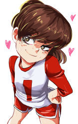 Rule 34 | 1girl, breasts, brown eyes, brown hair, cowboy shot, dolphin shorts, facing viewer, freckles, hand on own hip, heart, high ponytail, highres, jcm2, jersey, looking at viewer, lynn loud, matching hair/eyes, ponytail, red shorts, red sleeves, shirt, shorts, simple background, small breasts, smile, solo, standing, sweat, the loud house, white shirt