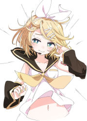 Rule 34 | 1girl, black sleeves, blonde hair, blush, bright pupils, collarbone, commentary, detached sleeves, green eyes, hair ornament, hairclip, headset, ixy, kagamine rin, lying, nail polish, navel, on back, short hair, solo, stomach, symbol-only commentary, vocaloid, white pupils, yellow nails