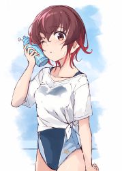 Rule 34 | 1girl, blue one-piece swimsuit, bottle, breasts, brown eyes, brown hair, collarbone, gradient hair, hair between eyes, highres, kantai collection, looking at viewer, minosu, multicolored hair, mutsuki (kancolle), one-piece swimsuit, one eye closed, outdoors, red hair, shirt, short hair, small breasts, solo, sweatdrop, swimsuit, swimsuit under clothes, tied shirt, two-tone sweater, water bottle, wet, wet clothes, wet shirt, white shirt