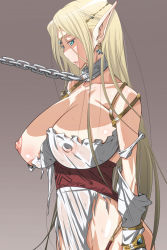 Rule 34 | 1girl, bdsm, blonde hair, blue eyes, bondage, bound, breast slip, breasts, chain, chain leash, collar, earrings, elf, female focus, huge breasts, jewelry, kunifuto, leash, long hair, lots of jewelry, nipples, nude, one breast out, original, pointy ears, see-through, slave, solo, torn clothes
