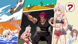 Rule 34 | 1boy, 2girls, ?, abs, absurdres, ahoge, backpack, bag, bandaged arm, bandages, battle, black hair, black headwear, black pants, black shirt, black sports bra, bottle, breasts, brown eyes, cactus, chinese commentary, cloud, collared shirt, commentary request, crossover, dark-skinned male, dark skin, desert, dougi, dumbbell, evil grin, evil smile, exercising, footprints, goggles, grappler baki, grin, hair ornament, hairclip, hand to own mouth, hand up, hanma yujiro, height difference, helmet, highres, holding, holding bottle, ice axe, jacket, lab coat, long hair, m kyo, midriff, mountain, mountain climbing, multiple girls, muscular, muscular female, muscular male, navel, onii-chan wa oshimai!, open mouth, orange jacket, orange pants, outdoors, oyama mahiro, oyama mihari, pants, pink hair, pink shirt, red hair, red shorts, sand, scar, scar on arm, scar on leg, scar on stomach, shirt, short sleeves, shorts, small breasts, smile, snow, spiked hair, spoken question mark, sports bra, sweat, swim cap, swimming, twintails, v-shaped eyebrows, water