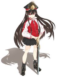 Rule 34 | absurdres, boots, brown hair, crest, family crest, fate (series), gun, hat, highres, jacket, koha-ace, long hair, looking at viewer, machi (greeentea1211), oda nobunaga (fate), oda nobunaga (koha-ace), pleated skirt, red eyes, silhouette, skirt, solo, track jacket, weapon