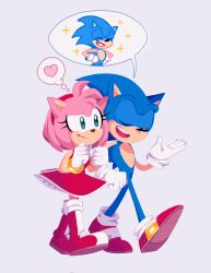 Rule 34 | 1boy, 1girl, amy rose, animal ears, animal nose, dress, furry, furry female, furry male, gloves, green eyes, hairband, heart, highres, kady (miukeii), open mouth, pink fur, pink hair, red dress, red footwear, red hairband, shoes, simple background, smile, sonic (series), sonic the hedgehog, sparkle, speech bubble, spoken heart, thought bubble, white gloves