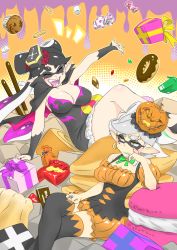 Rule 34 | 2girls, black hair, black legwear, black nails, blush, box, breasts, callie (splatoon), candy, cape, cleavage, closed eyes, cookie, doughnut, dress, food, gift, gift box, gloves, green lips, grey hair, halloween, hat, highres, huge breasts, inkling, jack-o&#039;-lantern, jewelry, large breasts, lipstick, long hair, makeup, marie (splatoon), marshmallow, mole, mole under eye, muffin, multiple girls, nail polish, nintendo, open mouth, pink nails, pocky, pointy ears, purple lips, ring, sitting, smile, splatoon (series), splatoon 1, sweatdrop, taka-michi, teeth, thighhighs, twintails